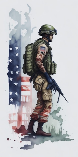 A soldier stands in front of an american flag