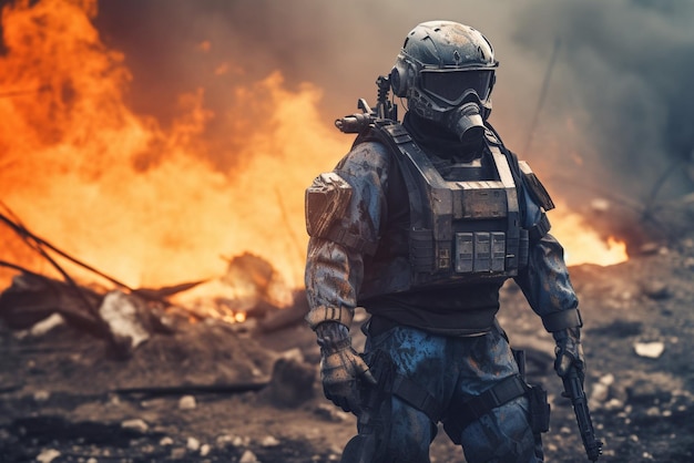 A soldier stands in front of a burning fire