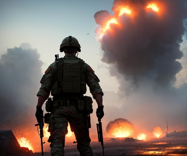 A soldier stands in front of a burning fire.