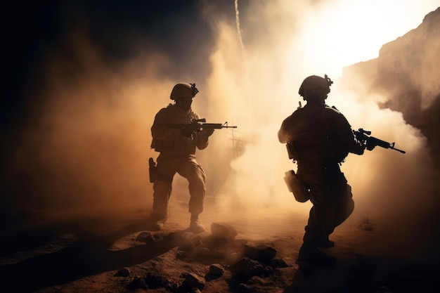 A soldier stands in front of a cloud of smoke and the words army on the right side.