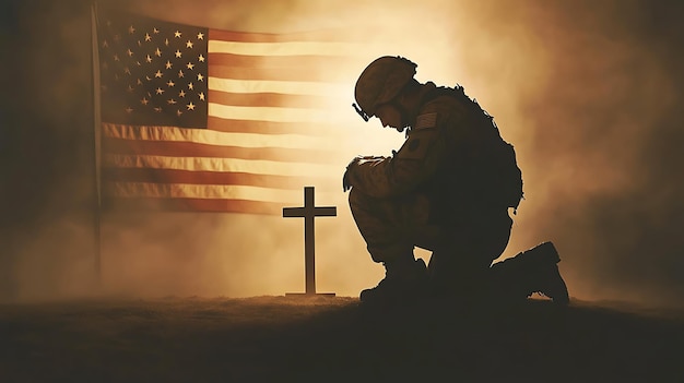 Photo a soldier stands in front of a cross with the words  soldiers  on it