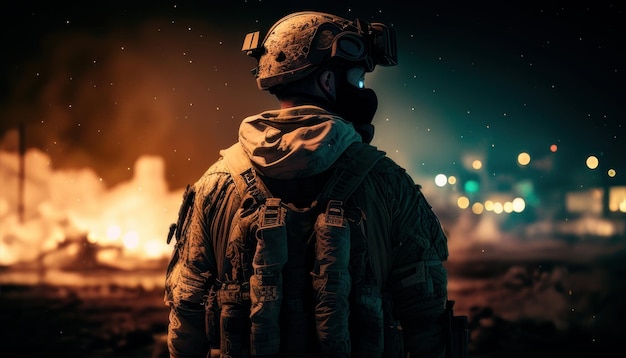 A soldier stands in front of a fire.