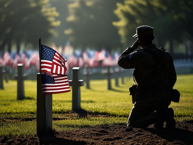 a soldier stands in front of a flag that reads quot us federal holiday quot