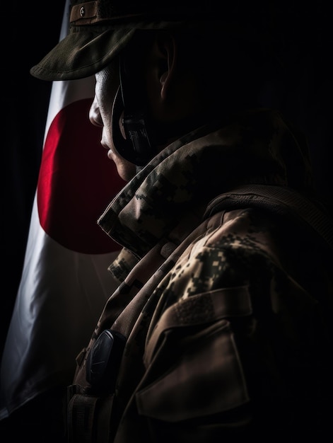 A soldier stands in front of a flag that says'i am the light '