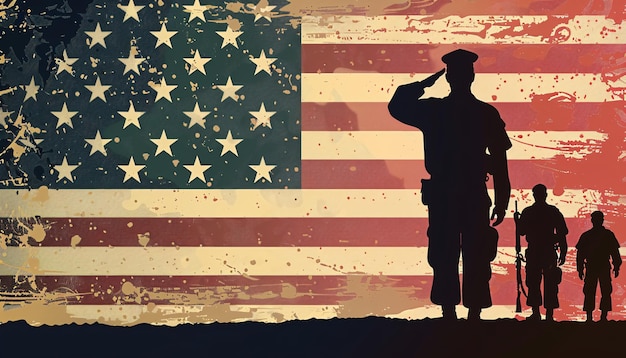 a soldier stands in front of a flag that says us federal holiday