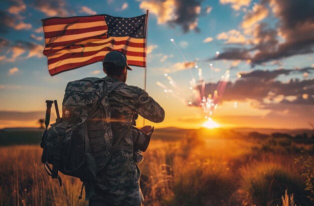 a soldier stands in front of a flag with the words  us army  on it