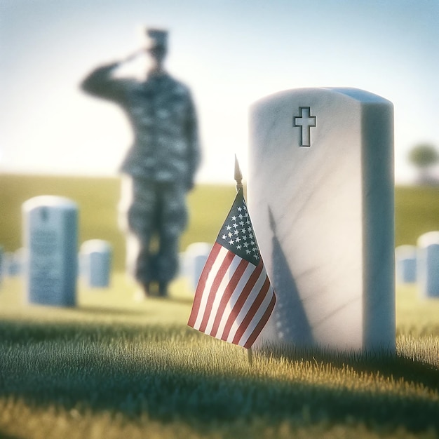 Photo a soldier stands in front of a grave with the american flag for memorial day