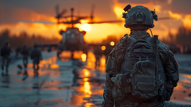 a soldier stands in front of a helicopter that has the word  on it