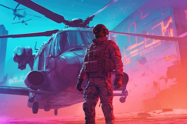 a soldier stands in front of a helicopter with a map