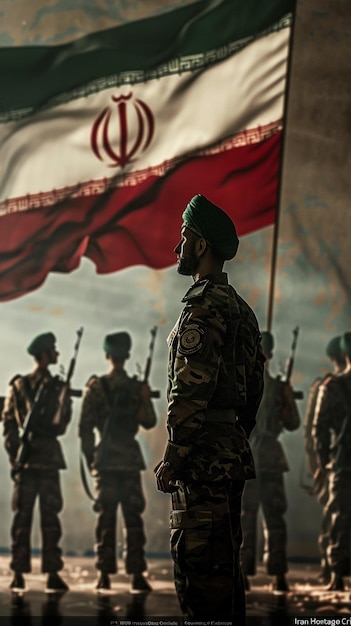 a soldier stands in front of a red flag with the word war on it