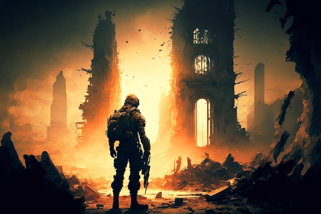 A soldier stands in front of a ruined building