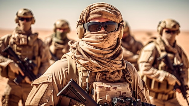 A soldier stands prepared in the desert equipped with weapons Generative AI