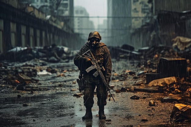 A soldier stands in a ruined city with a gas mask on.