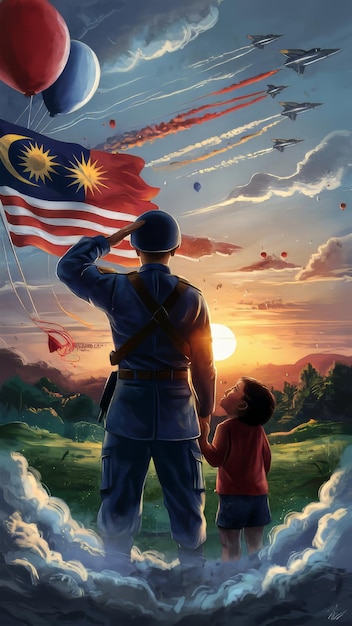 a soldier stands with his son and the flag in the background