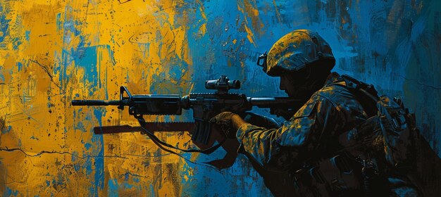 Soldier in Tactical Gear Aiming in Ukrainian National flag color blue and yellow wall