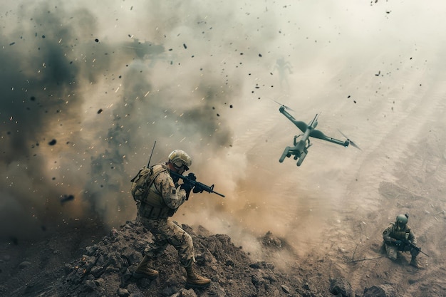 A soldier takes cover amid flying debris and explosions with a drone surveying the chaotic battlefield capturing the scenes of intense combat