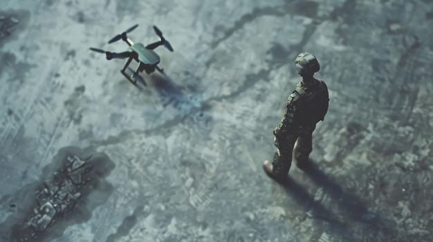 Photo a soldier in uniform observes a grounded drone on a rough terrain showcasing military technology in action on an overcast day