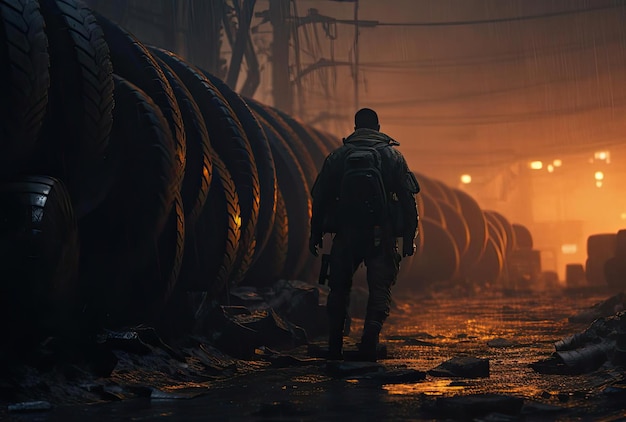 a soldier in uniform walking past large piles of tires in the style of octane render