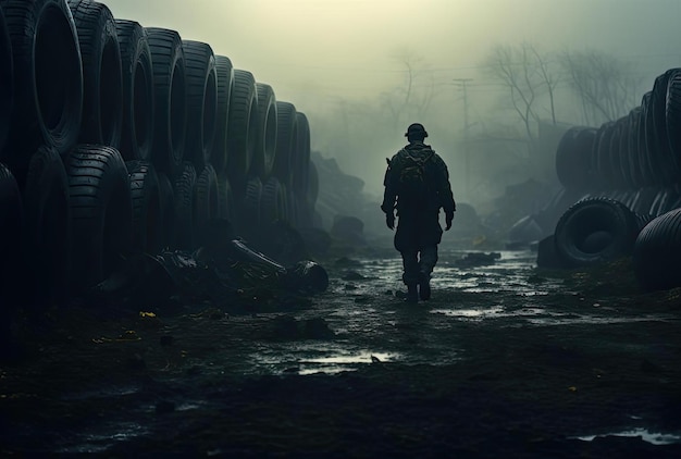 a soldier in uniform walking past large piles of tires in the style of octane render