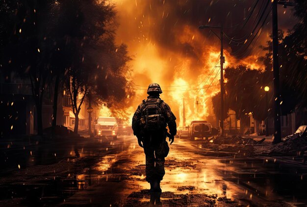 a soldier in uniform walks down a street in flames in the style of cinematic mood