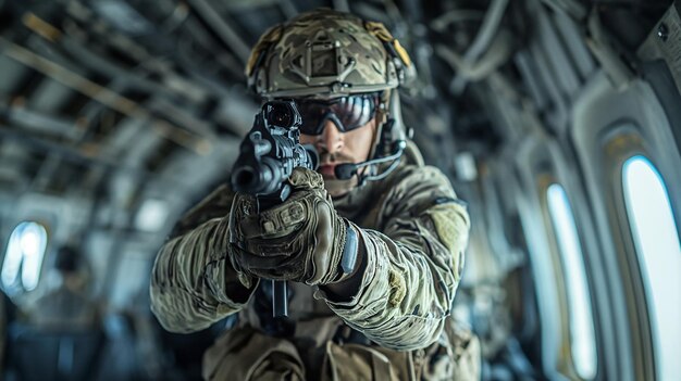 soldier in uniform with gun inside the military plane