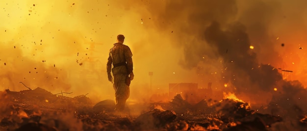 A soldier walking towards devastation a poignant moment amidst chaos and destruction