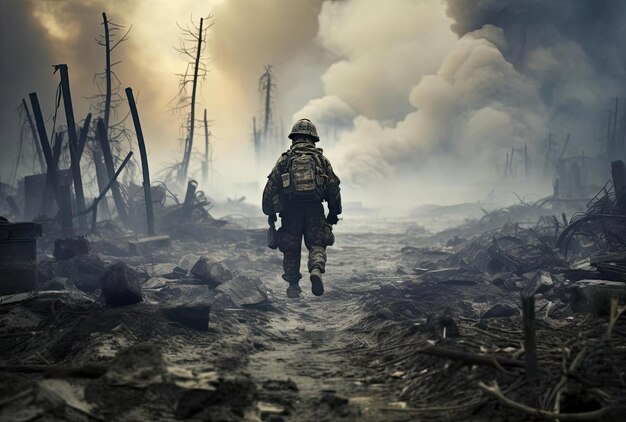 a soldier walks slowly down a path full of smoke and disaster in the style of apocalypse landscape