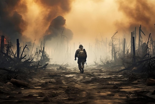 a soldier walks slowly down a path full of smoke and disaster in the style of apocalypse landscape