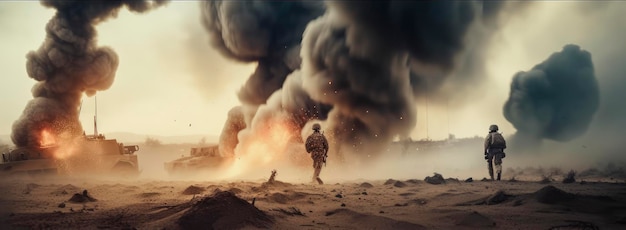 A soldier walks through a desert with smoke coming out of him.