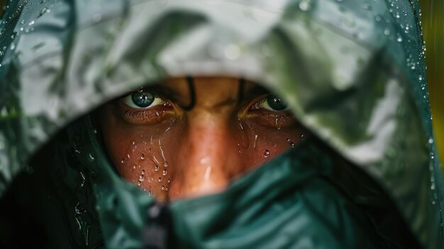 Photo soldier wearing camouflage raincoat looking during rainstorm