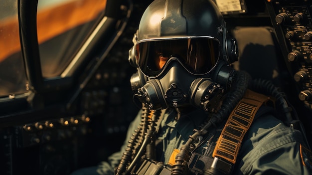 Photo a soldier wearing a gas mask and goggles sits in front of a helicopter