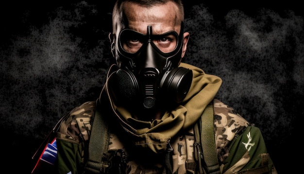 A soldier wearing a gas mask stands in front of a dark background.