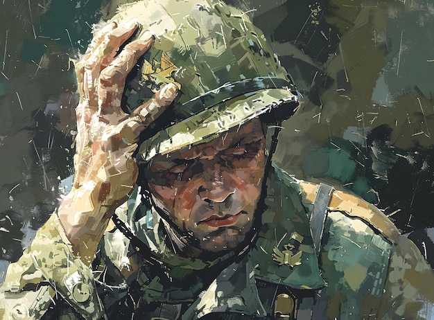 A soldier wearing a green helmet holds his head in his hand