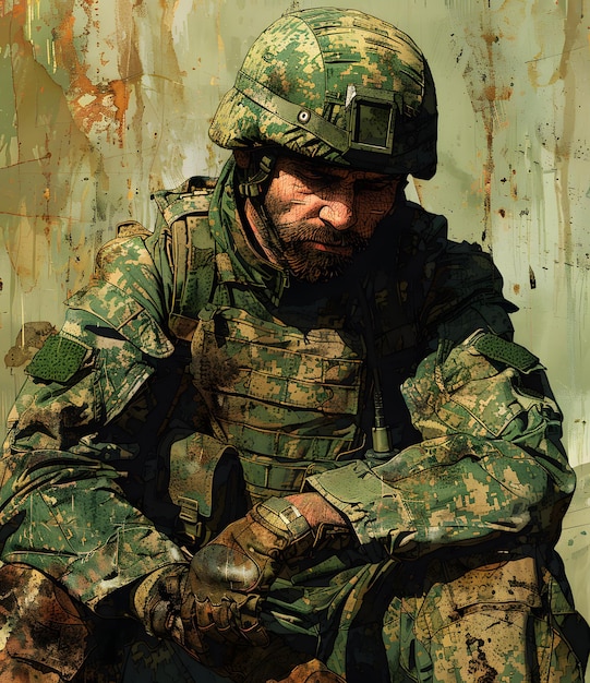 A soldier wearing a helmet and camouflage uniform is sitting on the ground