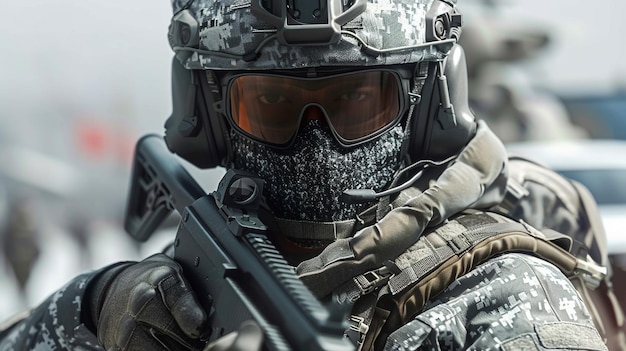 a soldier wearing a helmet with a gun in the middle of it