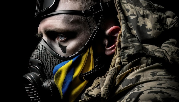 A soldier wearing a mask that says'air force'on it