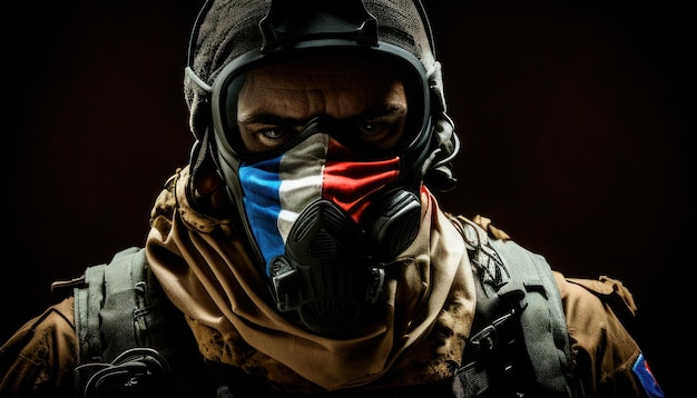 A soldier wearing a mask with the colors of the french flag on it.