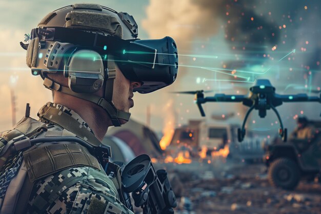 Photo soldier wearing a vr headset and controlling a drone