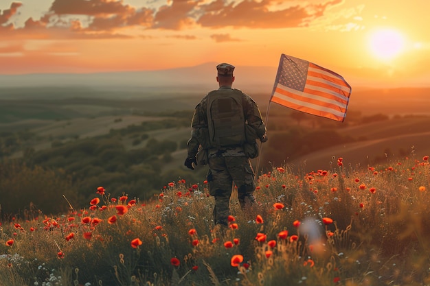 Soldier with an American flag in a poppy field at sunset Memorial day