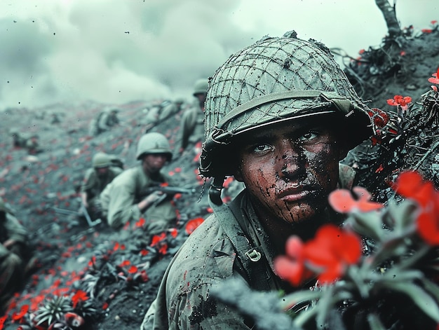 a soldier with a beard and mustache is surrounded by red flowers