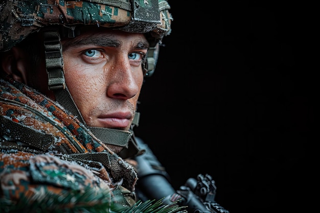 Photo a soldier with a blue eye and green eyes looks into the camera