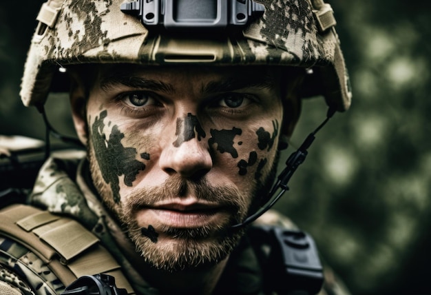 Photo a soldier with a camouflaged face and camouflaged face