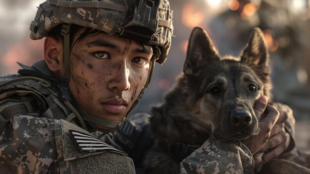 a soldier with a dog and a dog