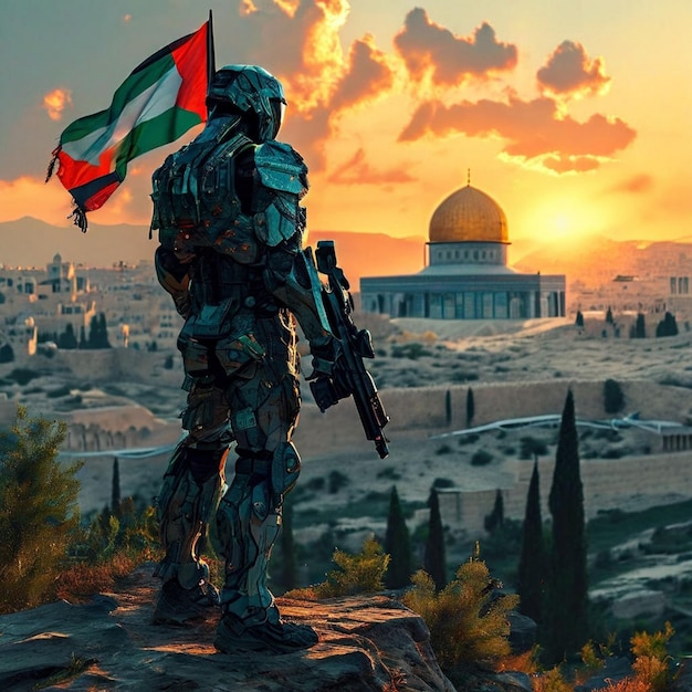 Photo a soldier with a flag on his back stands in front of a building with a building in the background