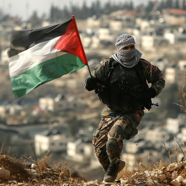 a soldier with a flag that says quot national quot on it