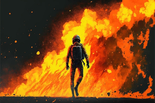 Soldier with the gun Futuristic soldier running away from giant explosion Digital art style illustration painting