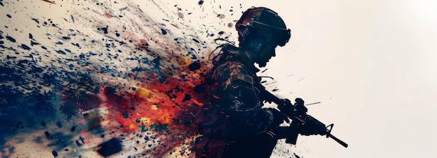 Photo soldier with gun in paint splattered background