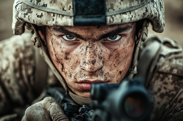 Photo a soldier with a gun and a patch of dirt on his face