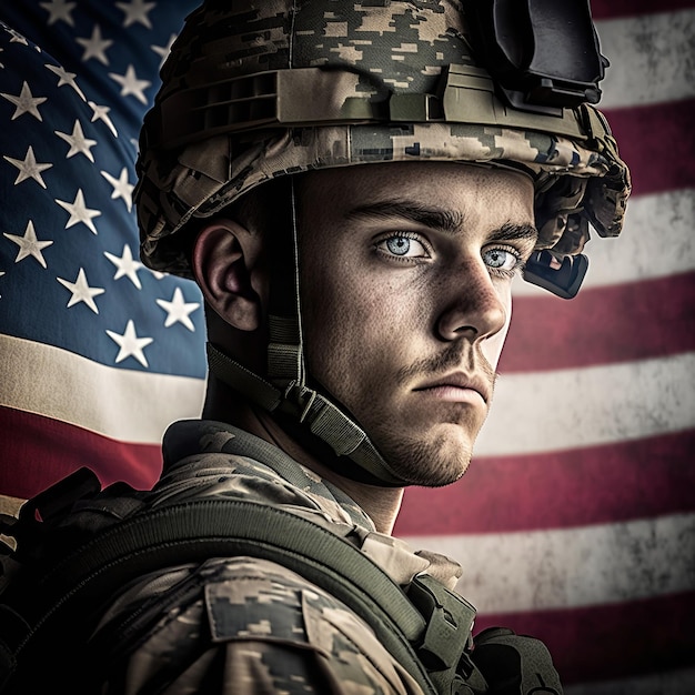 A soldier with a helmet and a flag in the background.