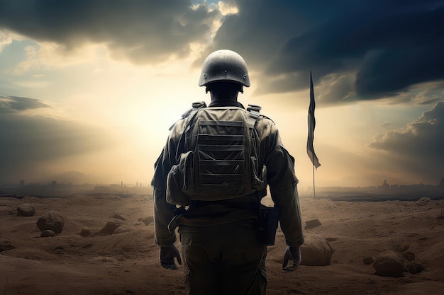 Soldier With His Back To The Israeli Flag